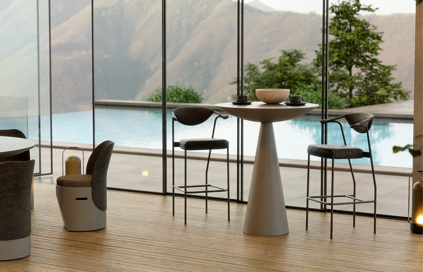 Indoor living room with a beige Oceano bar table overlooking the outdoor pool.