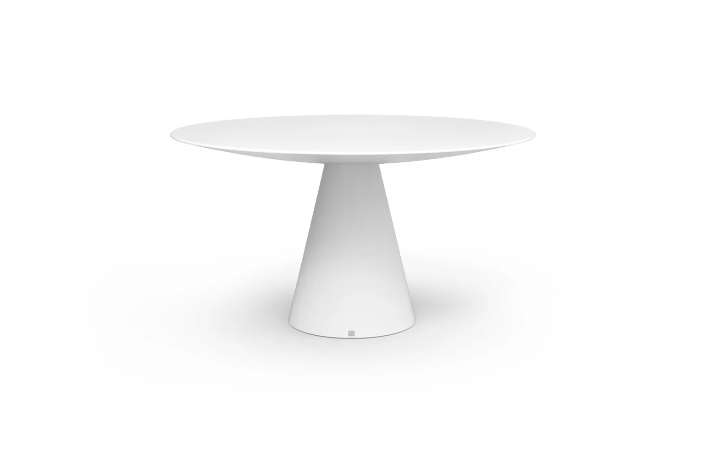 Oceano round outdoor dining table in white, with a slim top and conical central base, shown against a neutral background.
