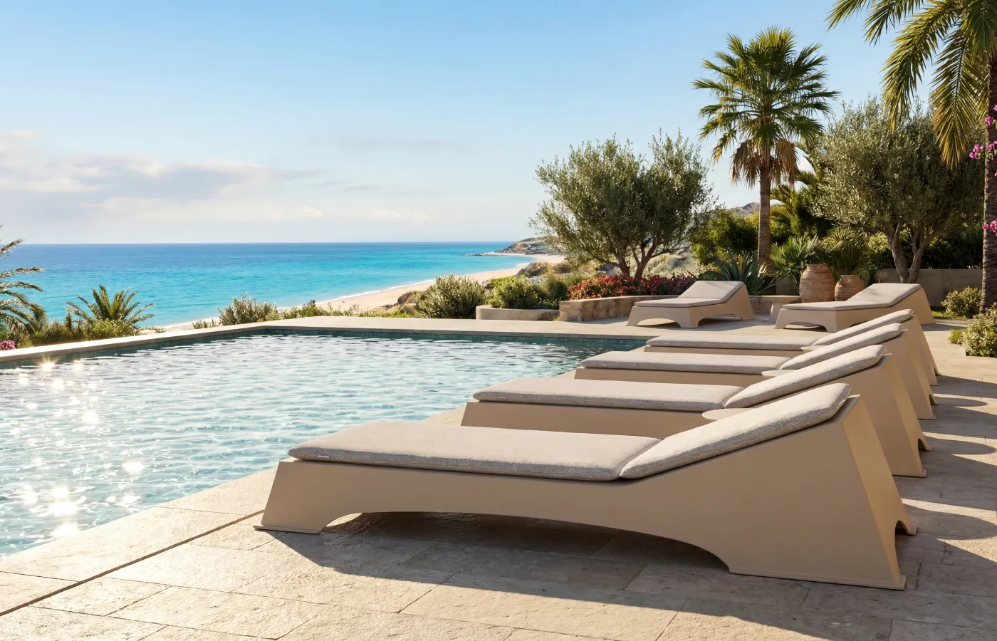 Quadra chaise longues arranged by the pool, with a beige straight base, arched cut-out and continuous cushions.