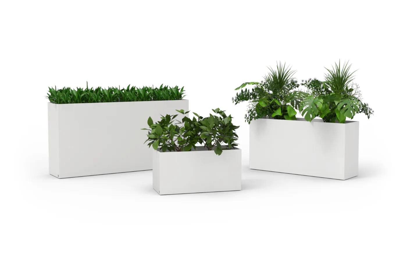 Floreiras Quadra retangulares brancas em diferentes dimensões, com linhas retas e composições variadas de plantas sobre fundo neutro.