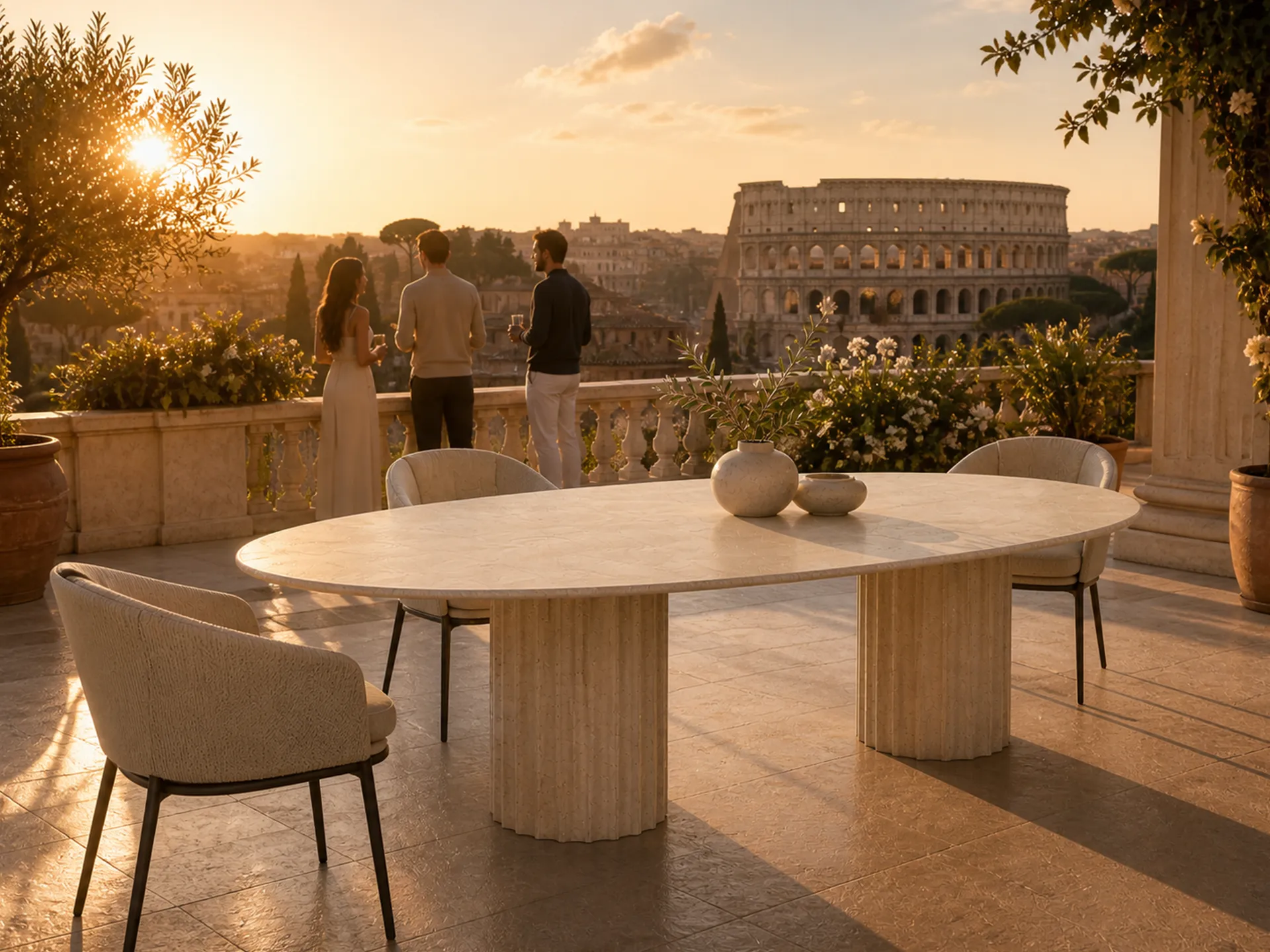 Mesa de jantar oval Roma em bege texturado com três cadeiras estofadas em varanda com vista para o Coliseu romano.