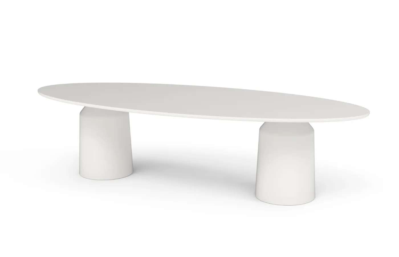 Mesa de jantar oval Siana para exterior, em branco mate, com duas bases cilíndricas, apresentada sobre fundo neutro.