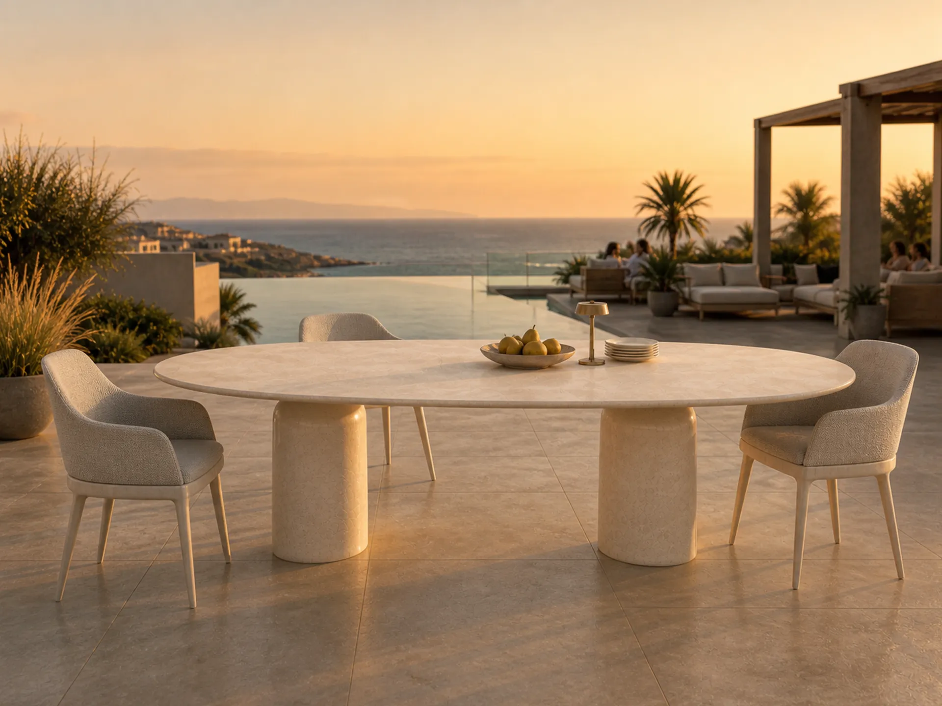 Terraço exterior junto à piscina com mesa de jantar oval Siana em branco envelhecido com três cadeiras estofadas e sofás ao fundo.