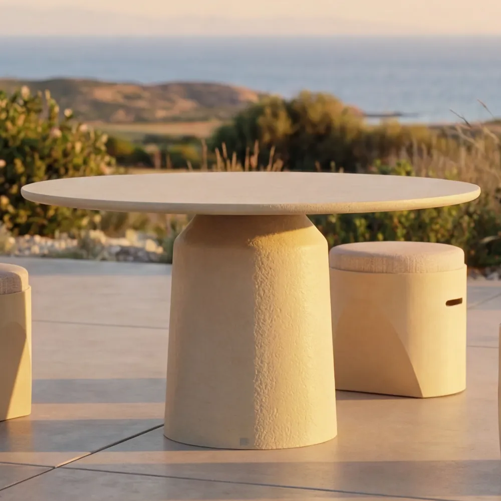 Detail of the Siana dining table in beige, showing the soft-edged top and textured cylindrical base.