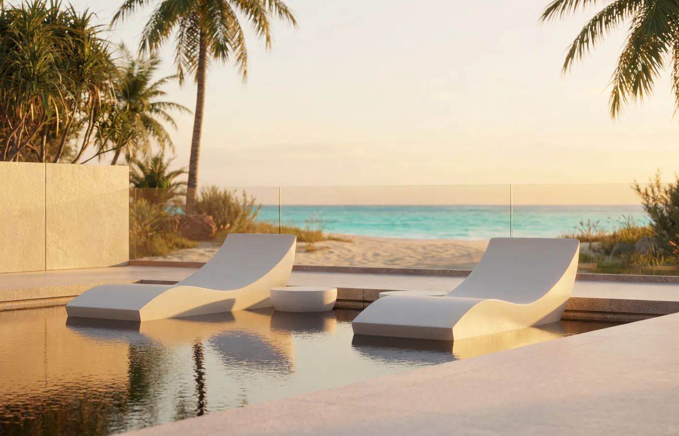 White Spa chaise longues placed in the pool, with a continuous curved profile and sea view in the background.