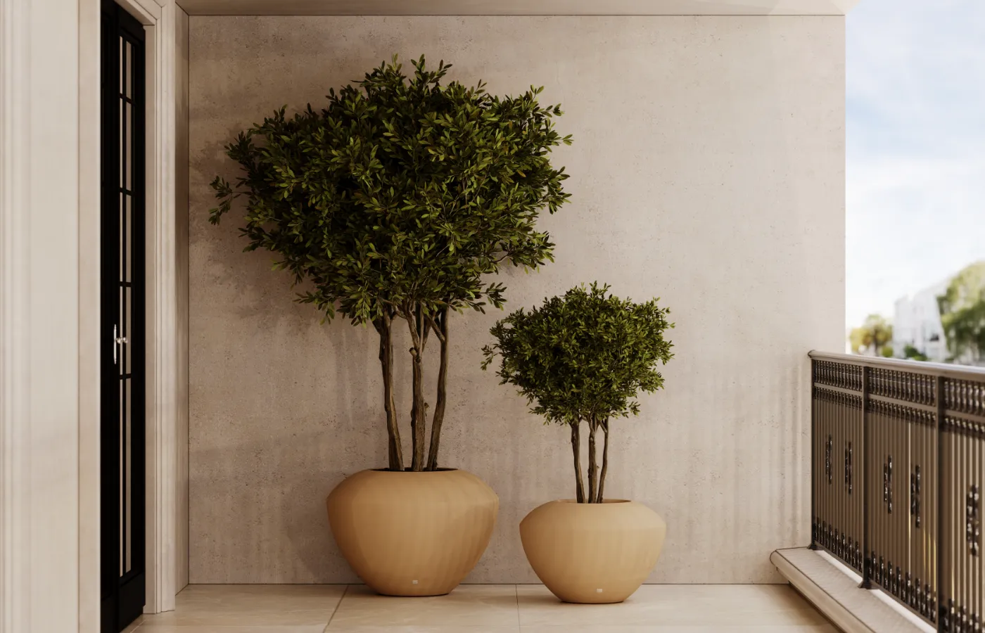 Spin beige small planters in two sizes on an outdoor balcony, with rounded shapes and shaped trees at the centre.