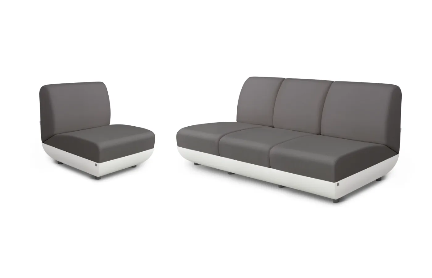 White Victoria sofa modules with a rounded base, upholstered seat and curved backrest on a neutral background.