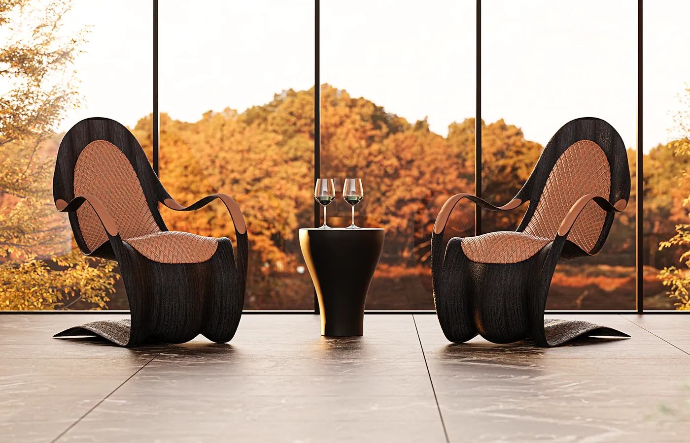 Cadeirões Flex da GANSK com design fluido, em espaço interior moderno com vista para a natureza.