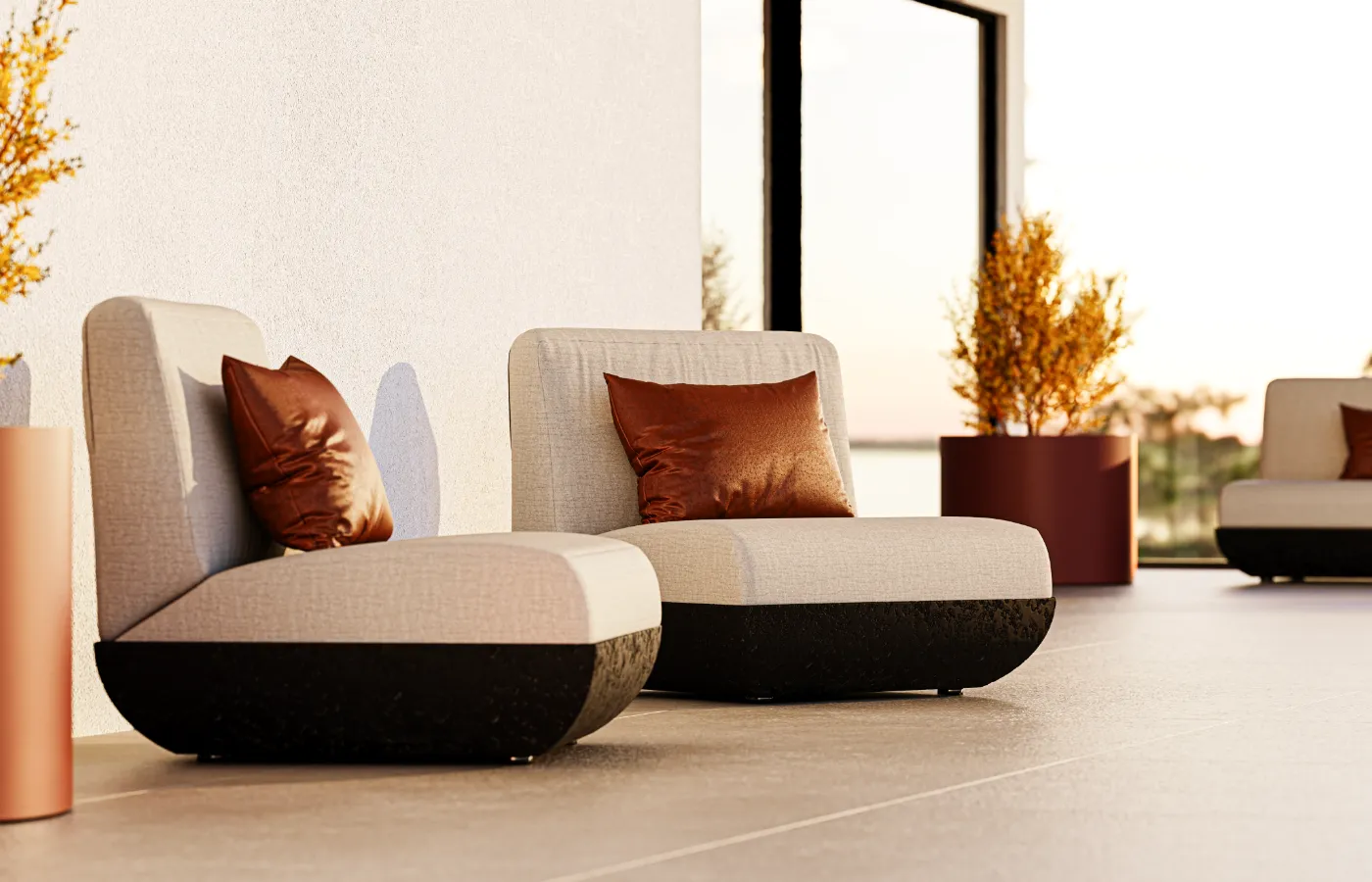 Victoria single sofas on a modern terrace, with warm-toned cushions and autumn décor.