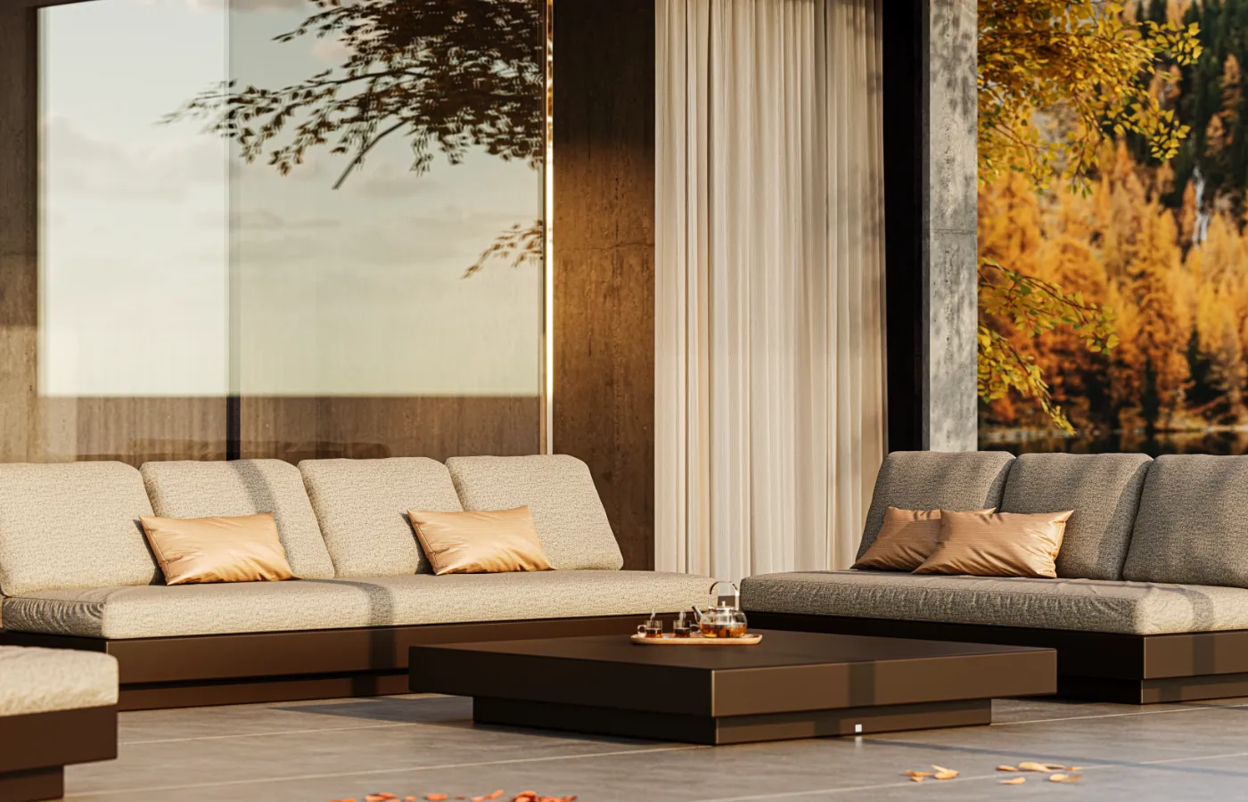 Nordic set on a modern terrace with a view of nature, framed by warm autumn tones.