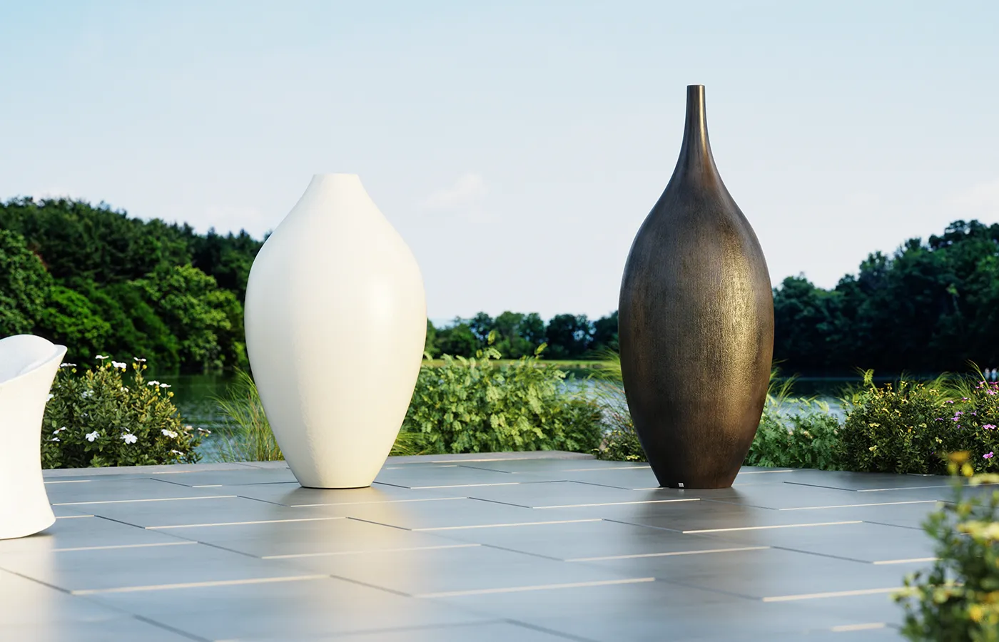 Gentle and Nobel planters on a modern terrace in white and volcanic texture