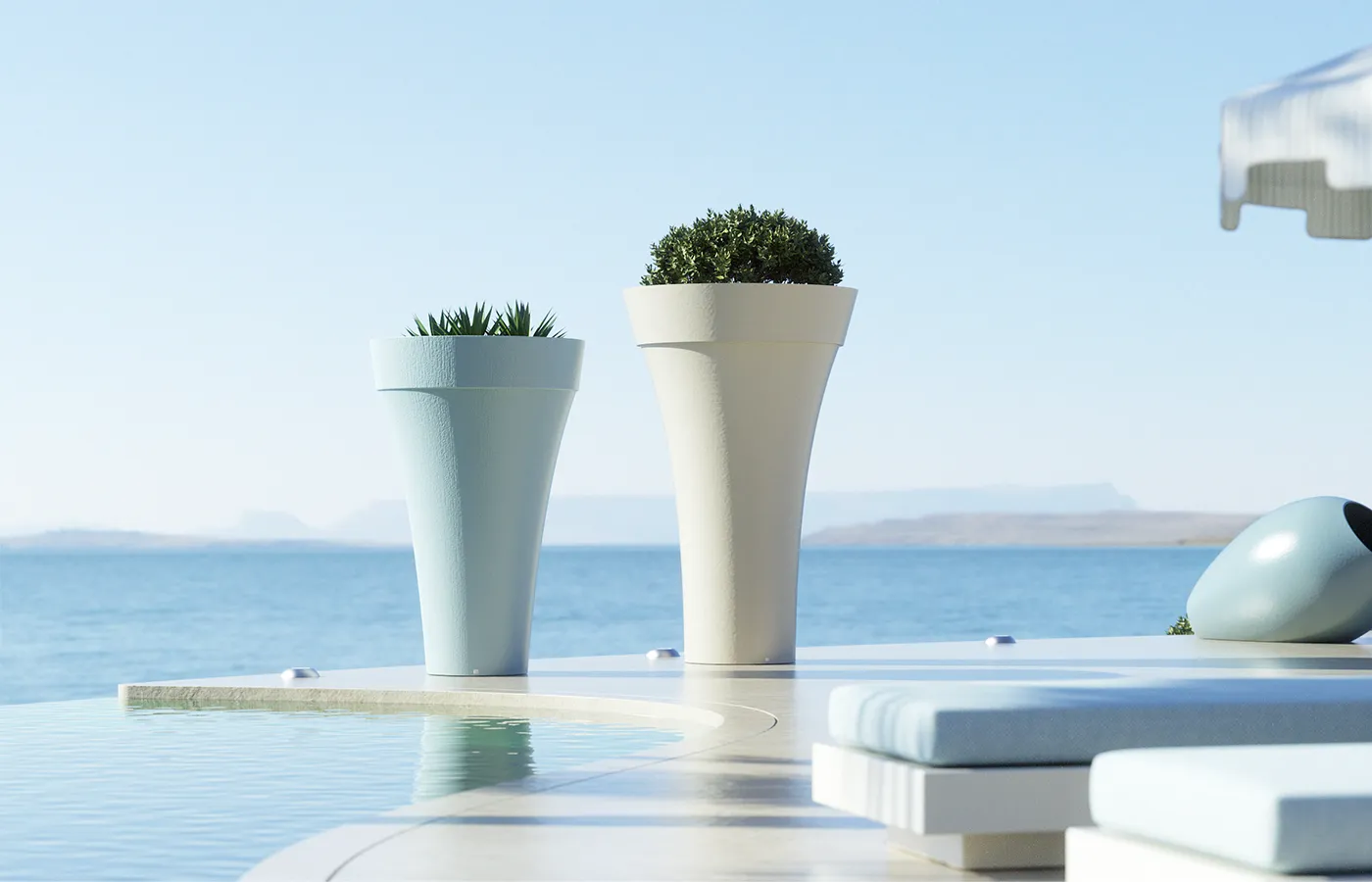 Pair of Maximo planters by the pool in white and blue