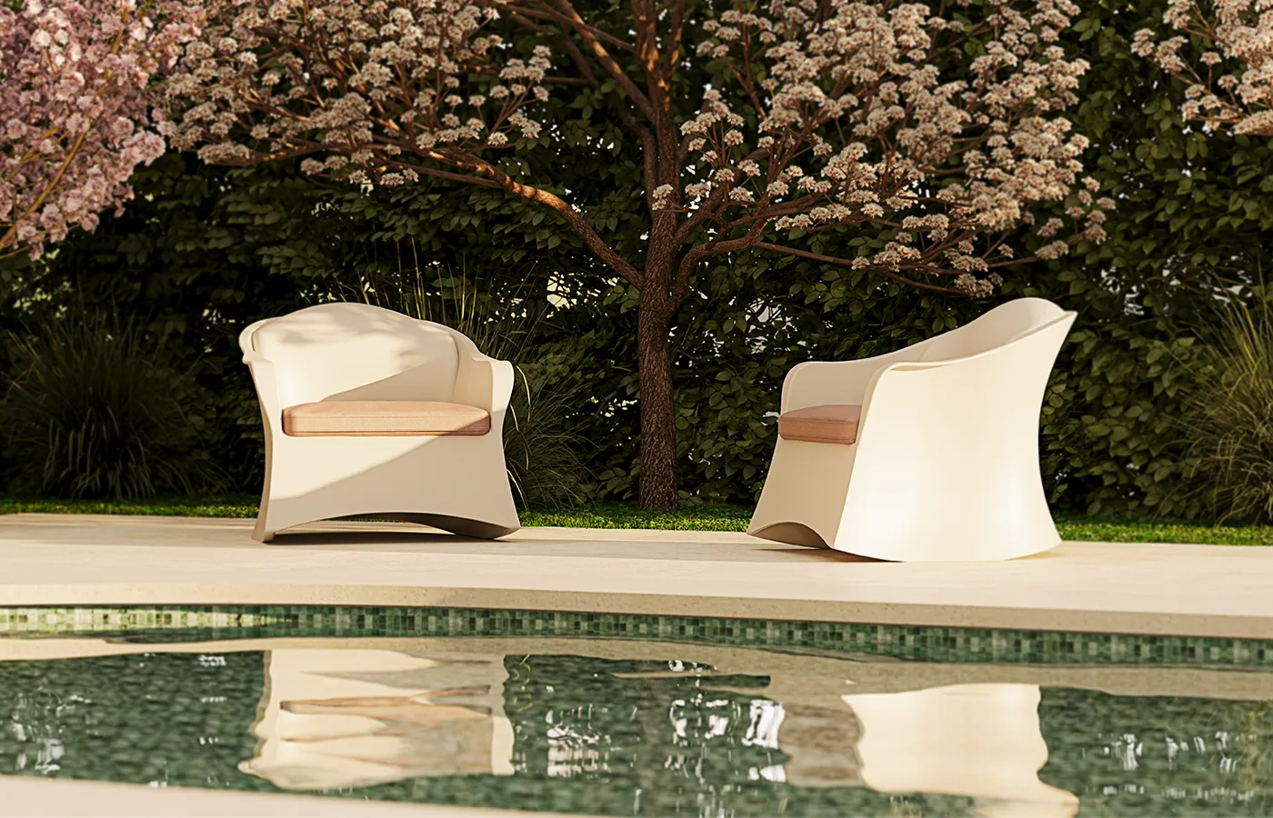 Cadeirões de exterior Brisa em branco e com estofo em zona de jardim e piscina