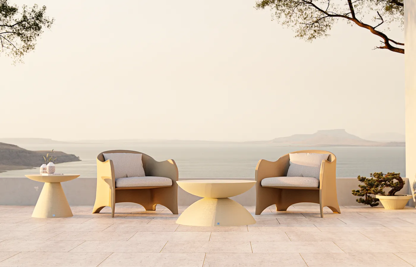 Cadeirões de exterior Oceano em bege com estofo e almofadas e vista para o mar