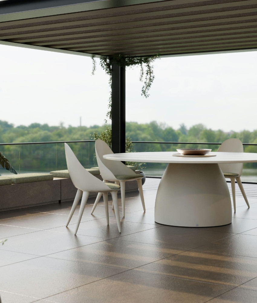 Barrel Dining Table on Terrace with Chairs