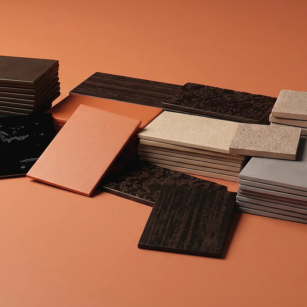 Multiple square samples in various finishes and textures