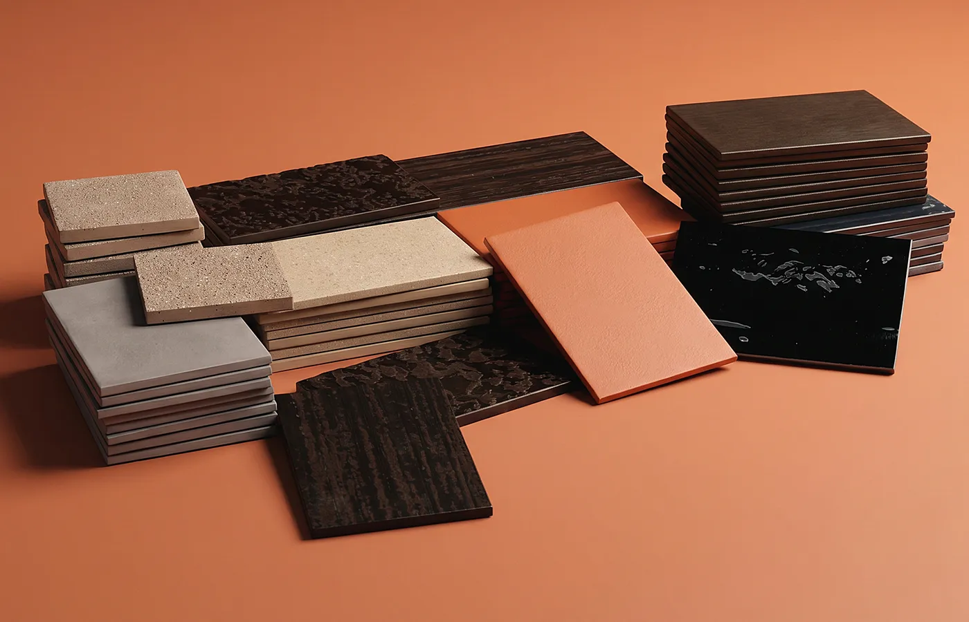 Multiple square samples in various finishes and textures
