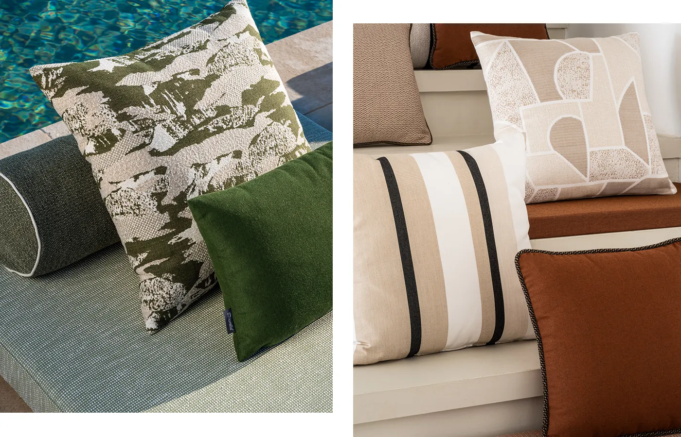 Set of pillows upholstered with green and beige Sunbrella fabrics