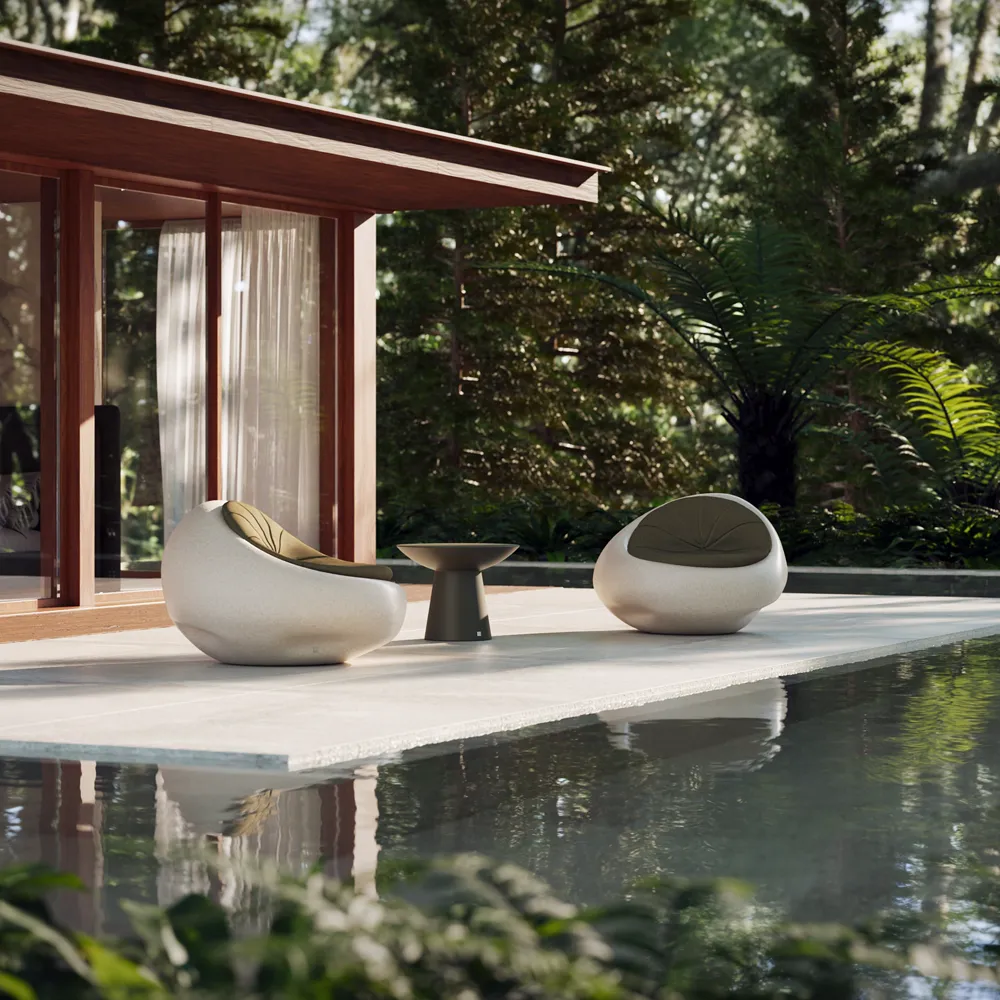 Outdoor ambiance showcasing Cobble sofas by the pool