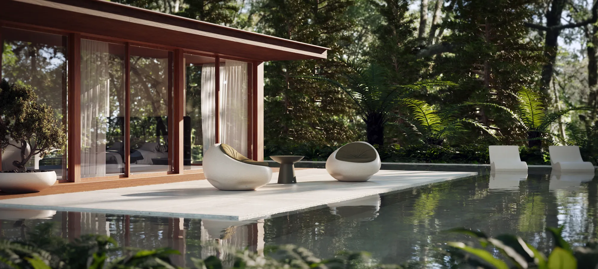 Outdoor ambiance showcasing cobble sofas by the pool