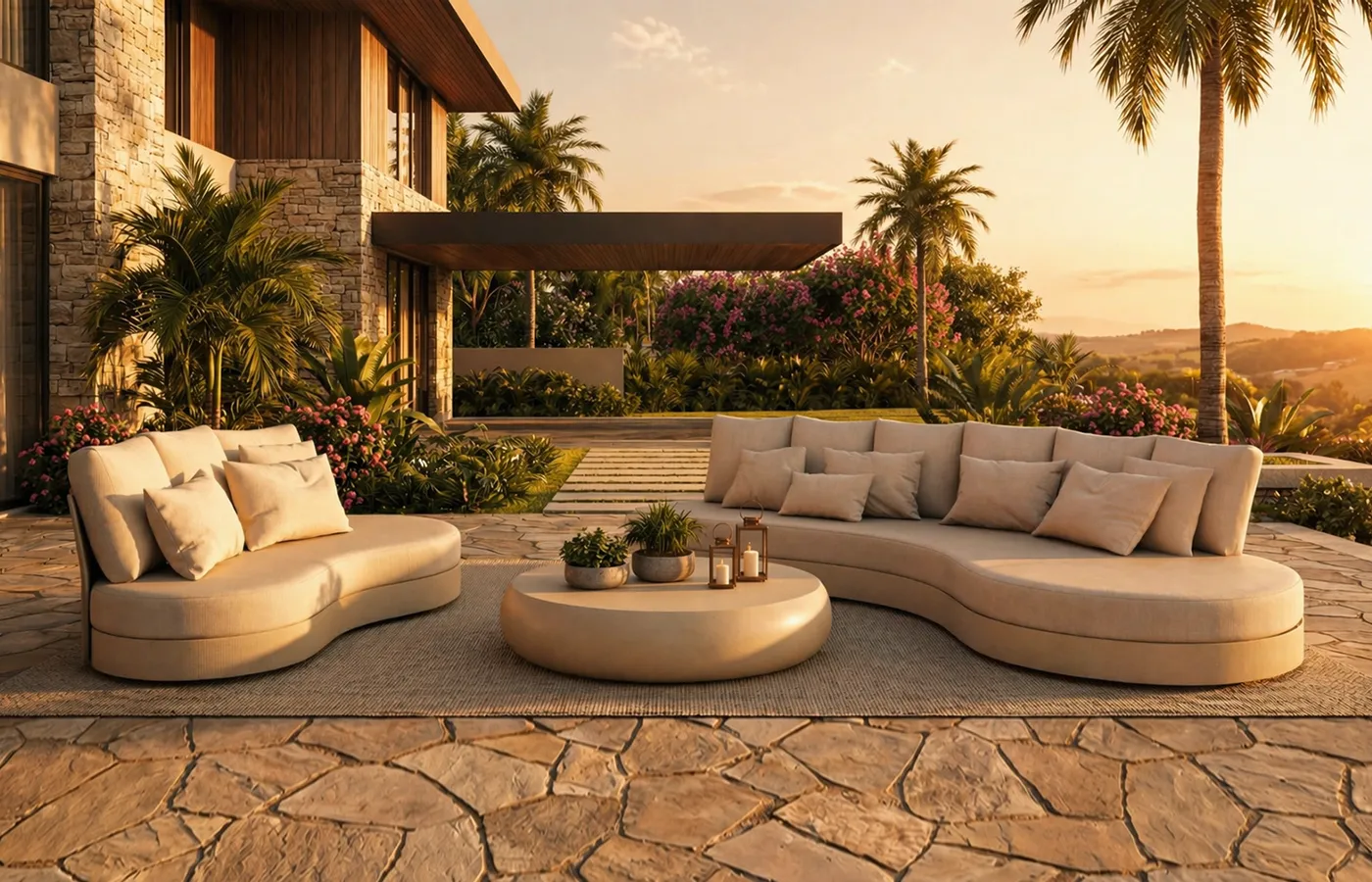 Harmony sofa set in white with a coffee table on a terrace setting