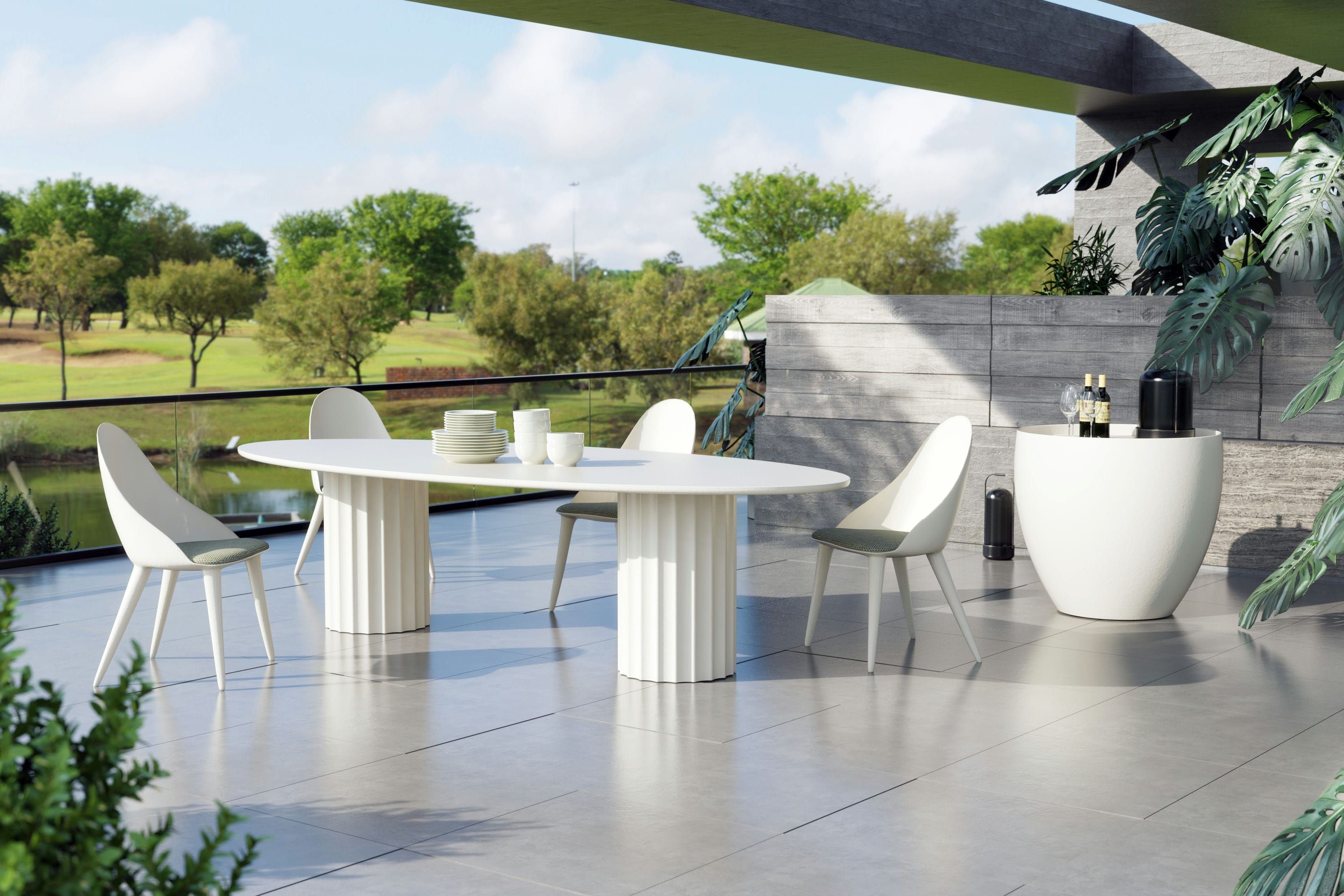 Roma oval dining table with white lacquering for outdoor