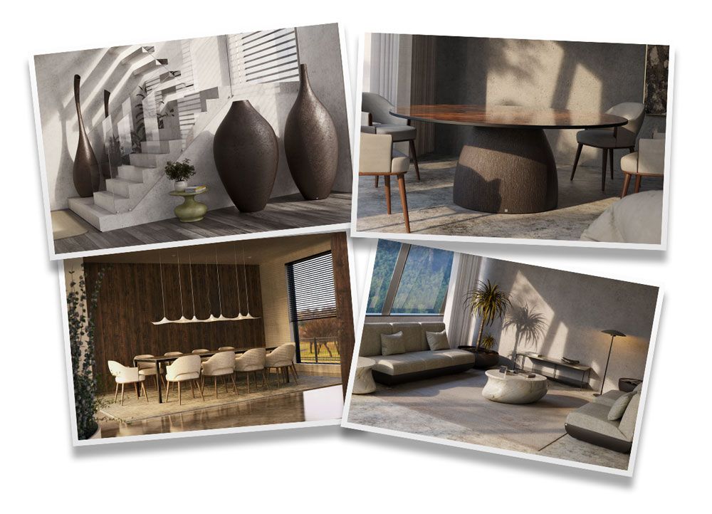 Montagem com vários ambientes de interior com mobiliário Gansk