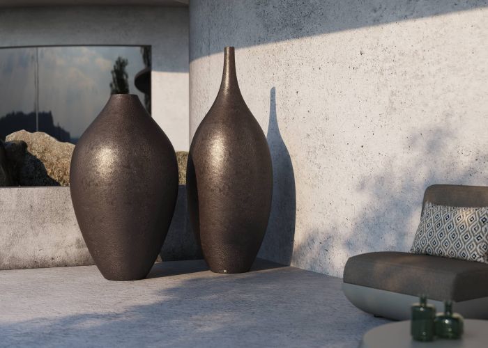 Nobel and Gentle planters with volcanic finish for outdoor