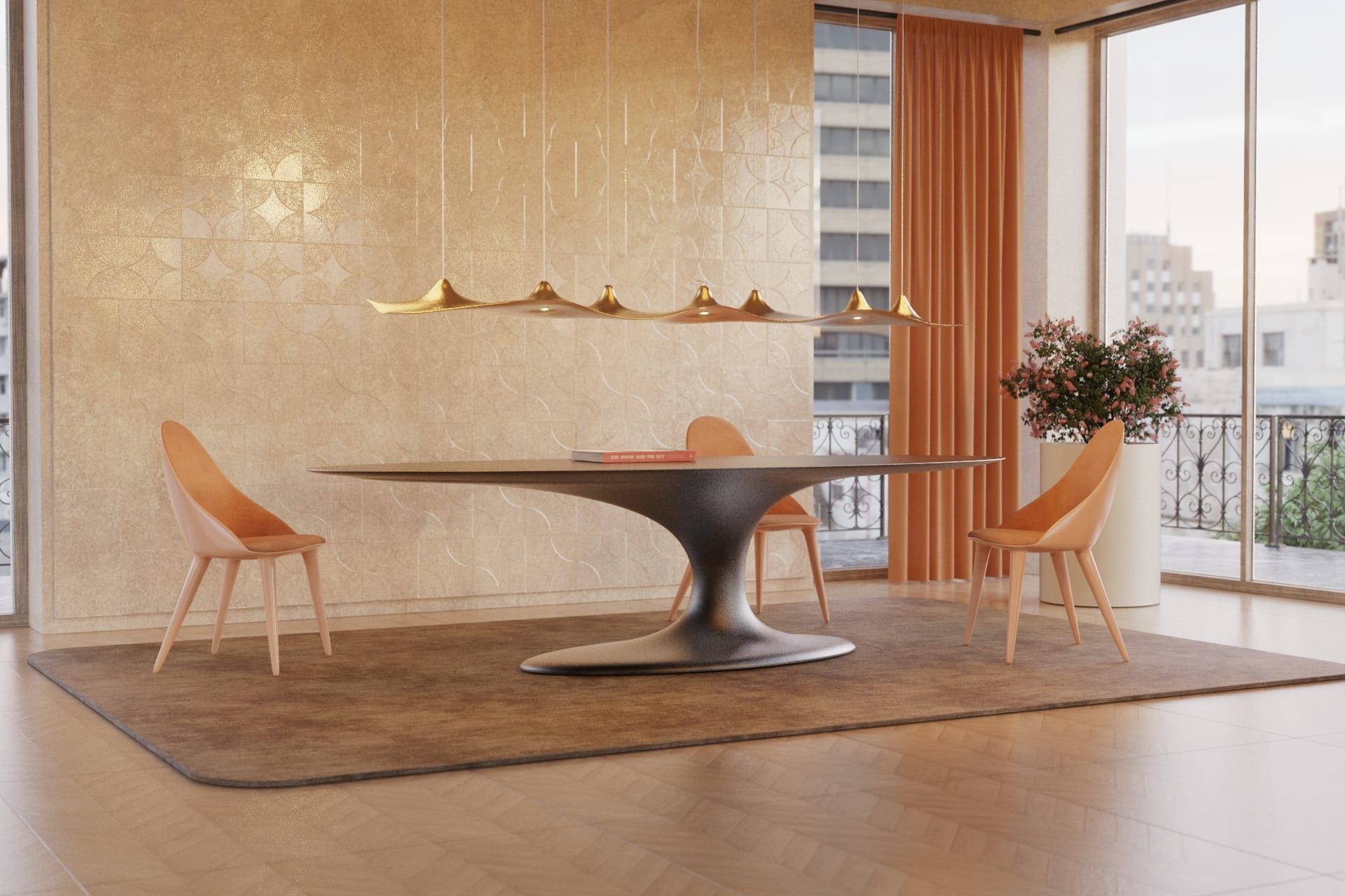 Jade dining table, Mónaco chair and Amplus suspension lamp featuring PANTONE Peach Fuzz
