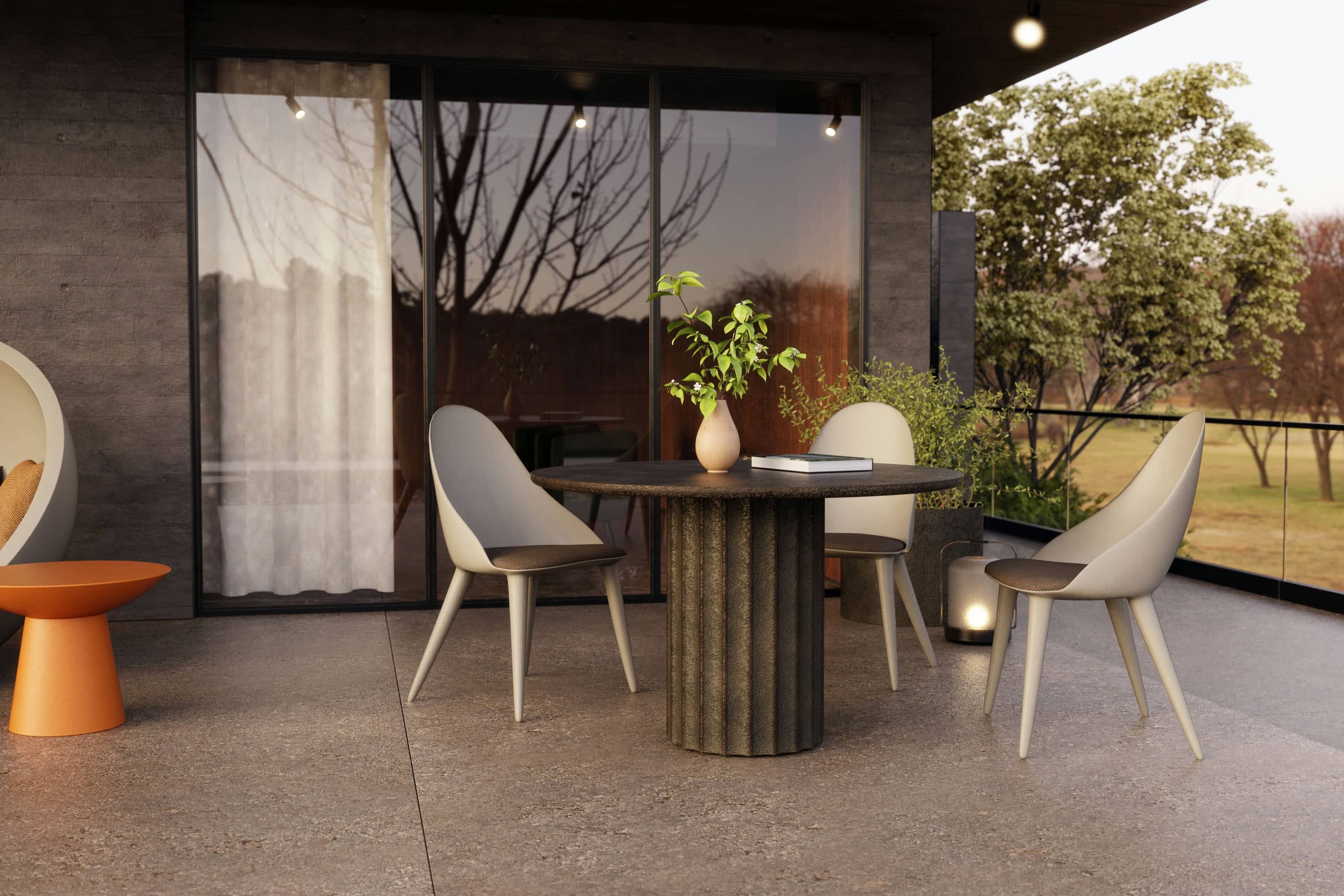 Roma round dining table with volcanic finish for outdoor